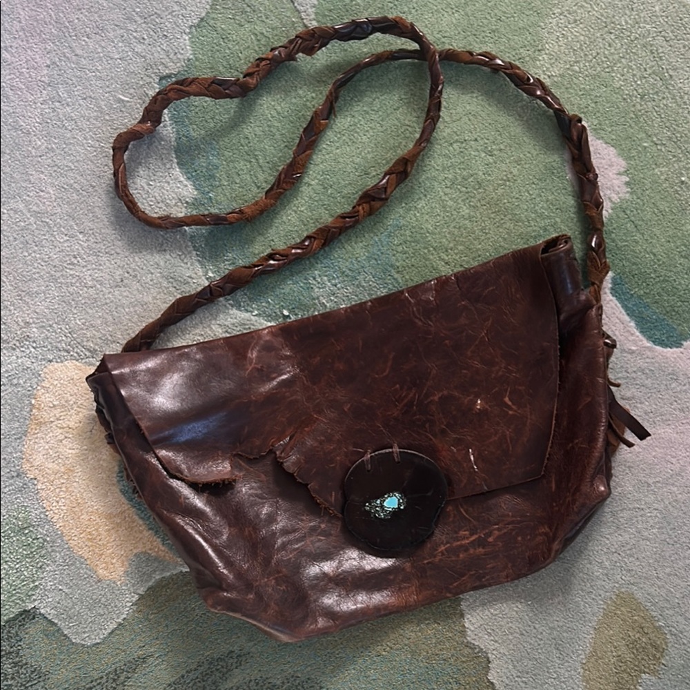 Dark Brown Leather Crossbody Bag with genuine Turquoise detail
